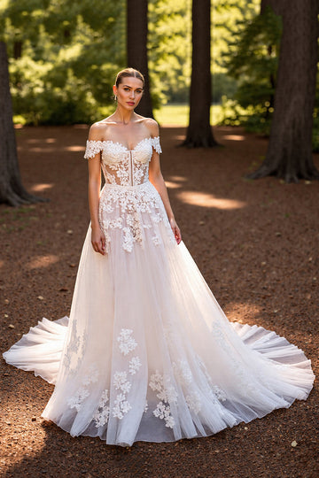 A Line White Off the Shoulder Sweep Train Wedding Dress with Lace